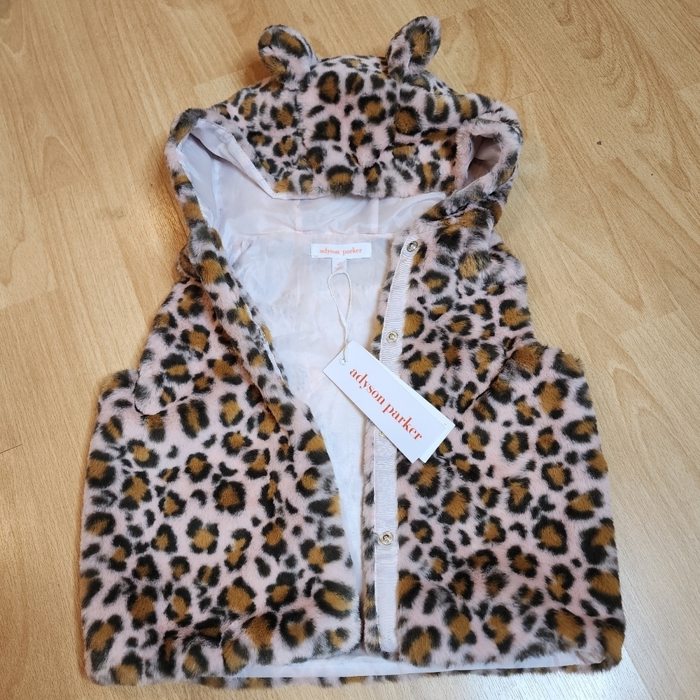 NWT Adyson Parker Faux Fur‎ Pink Leopard Print Vest Kids Size 4T Hood Ears